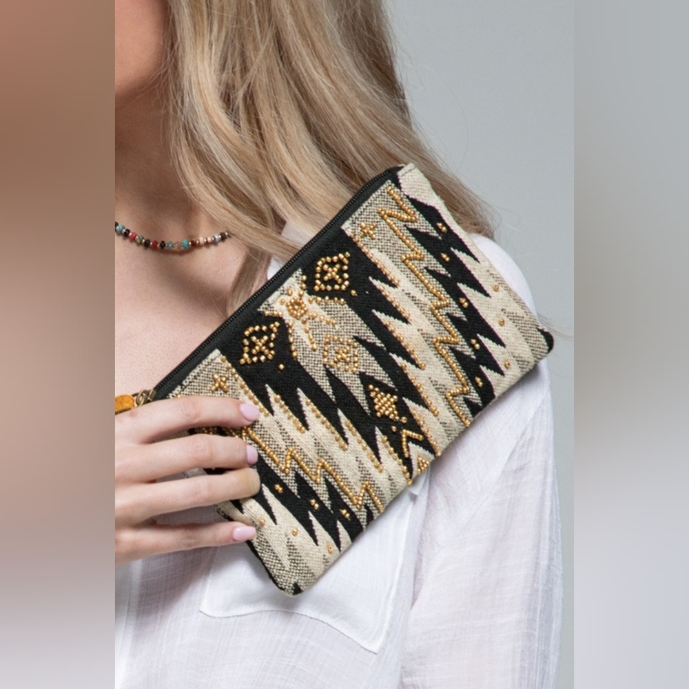 Handmade Hand Beaded Wristlet Clutch - Ethnic Inspired Design - Dyed Fine Cotton - Picture 5 of 7
